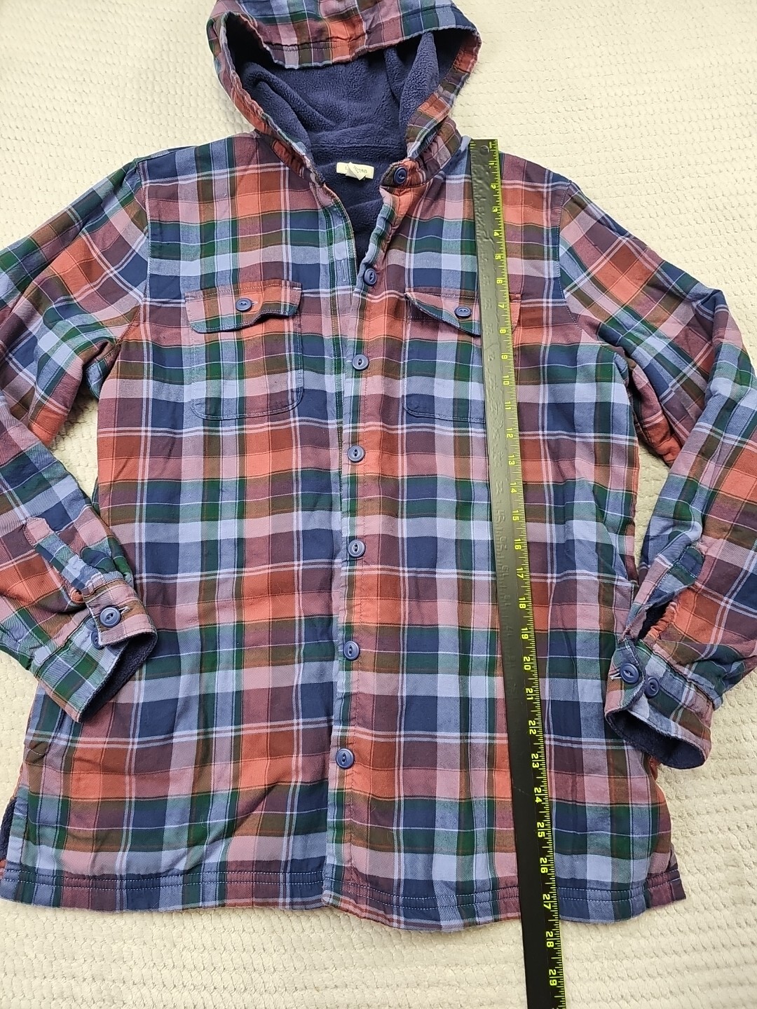 LL Bean Shirt Womens Medium Fleece Lined Hooded Button Up Plaid Pockets