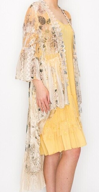 ORIGAMI cardigan LACE BOHEMIAN WESTERN DUSTER WRAP SM-4XL KIMONO yellow Floral