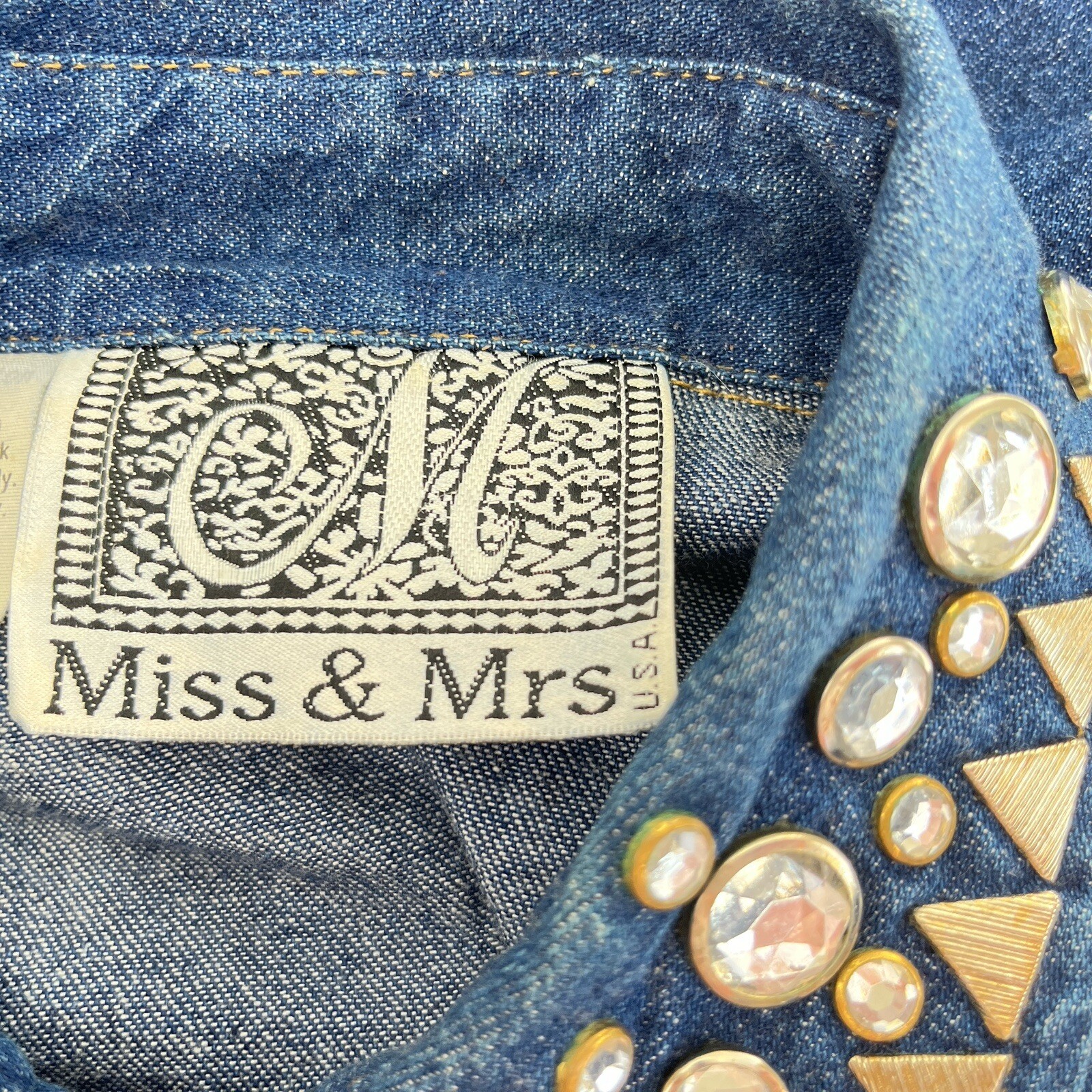Miss & Mrs M Denim Shirt Rhinestones Studs on collar cuff 90’s rodeo Western VTG