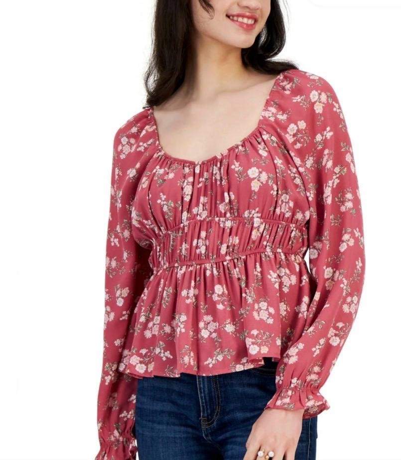 PLANET HEART Juniors Puffed Sleeve Peplum Blouse Rose Wine Size L