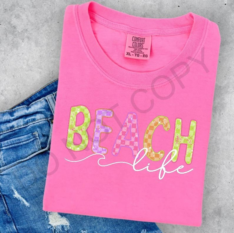 Beach Life Shirt Colorful Graphic Tee Summer Vacation Bright Neon Coastal Top