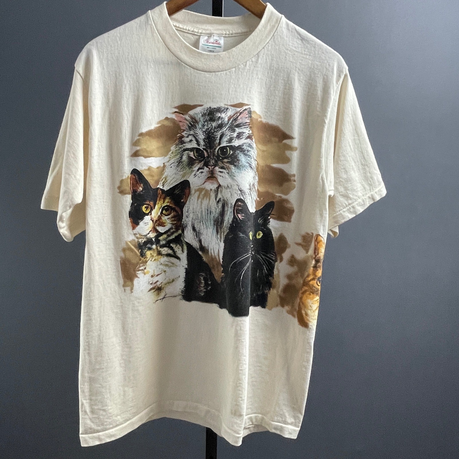 Vintage Hazelwoods Cat Graphic T Shirt Cream Mens Large Made USA Single Stitch