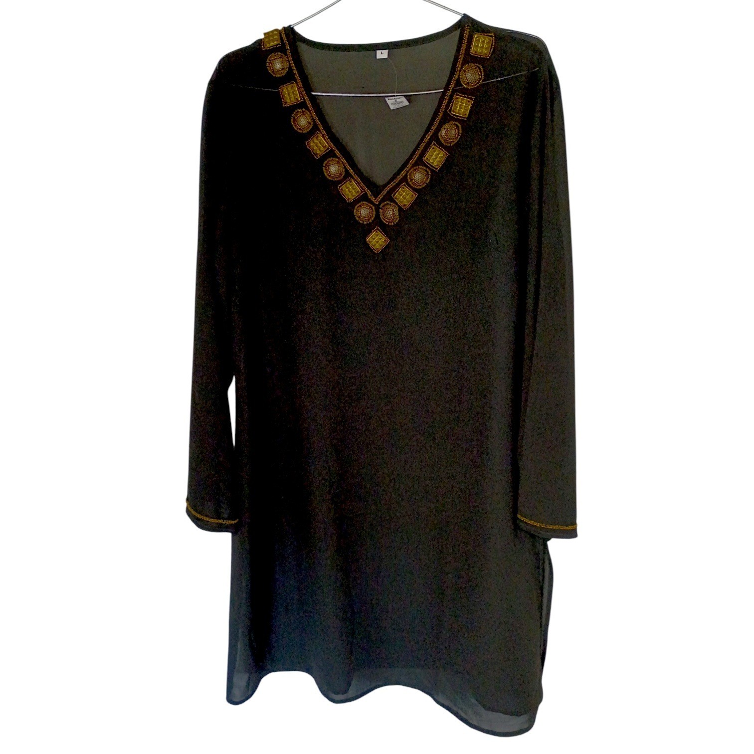 World Market Women Black Sheer Beaded Studded V-Neck Tunic Top Gold Accents L