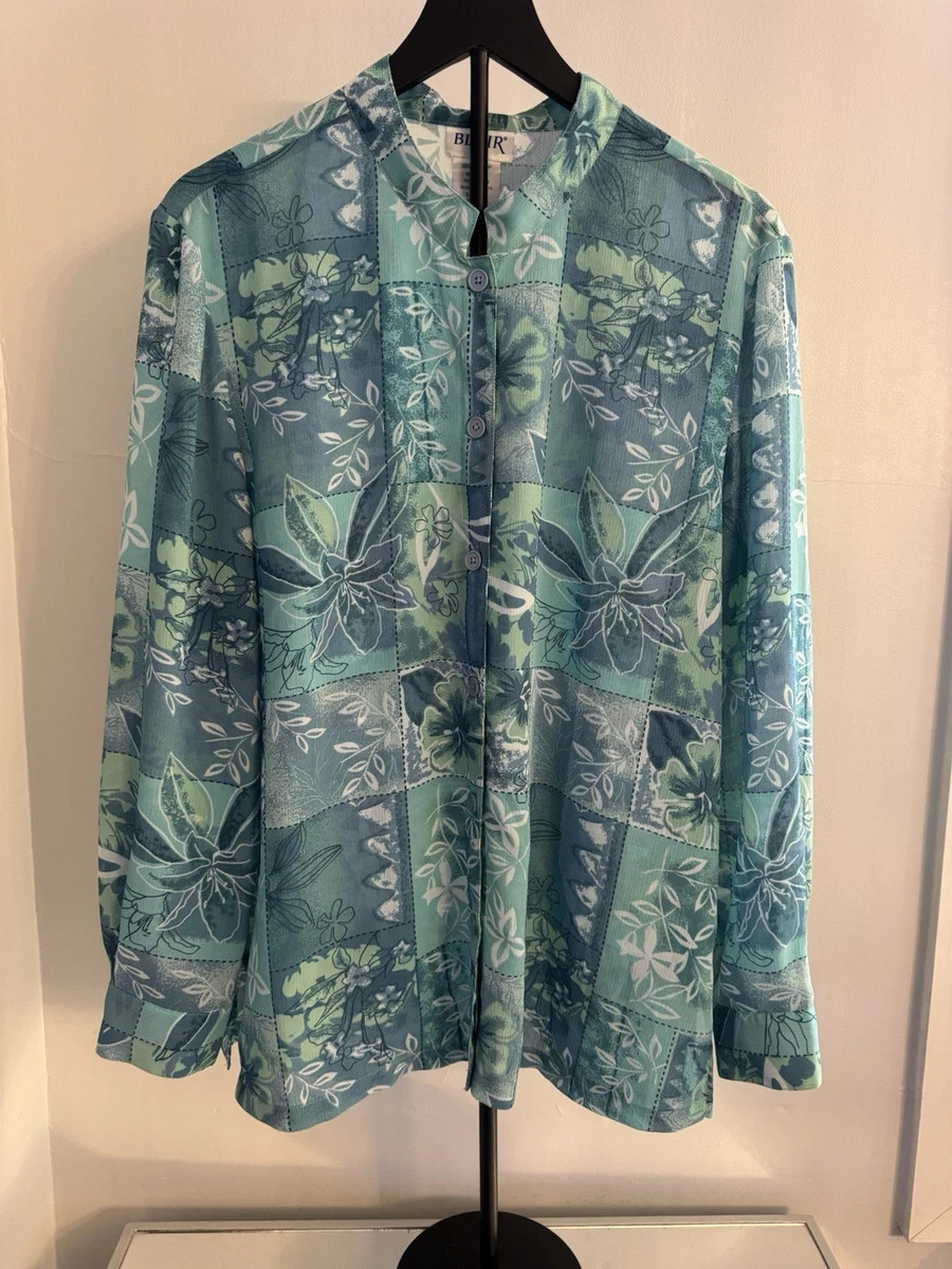 Blair Women’s Green Floral Patchwork Button Front Blouse Size Large
