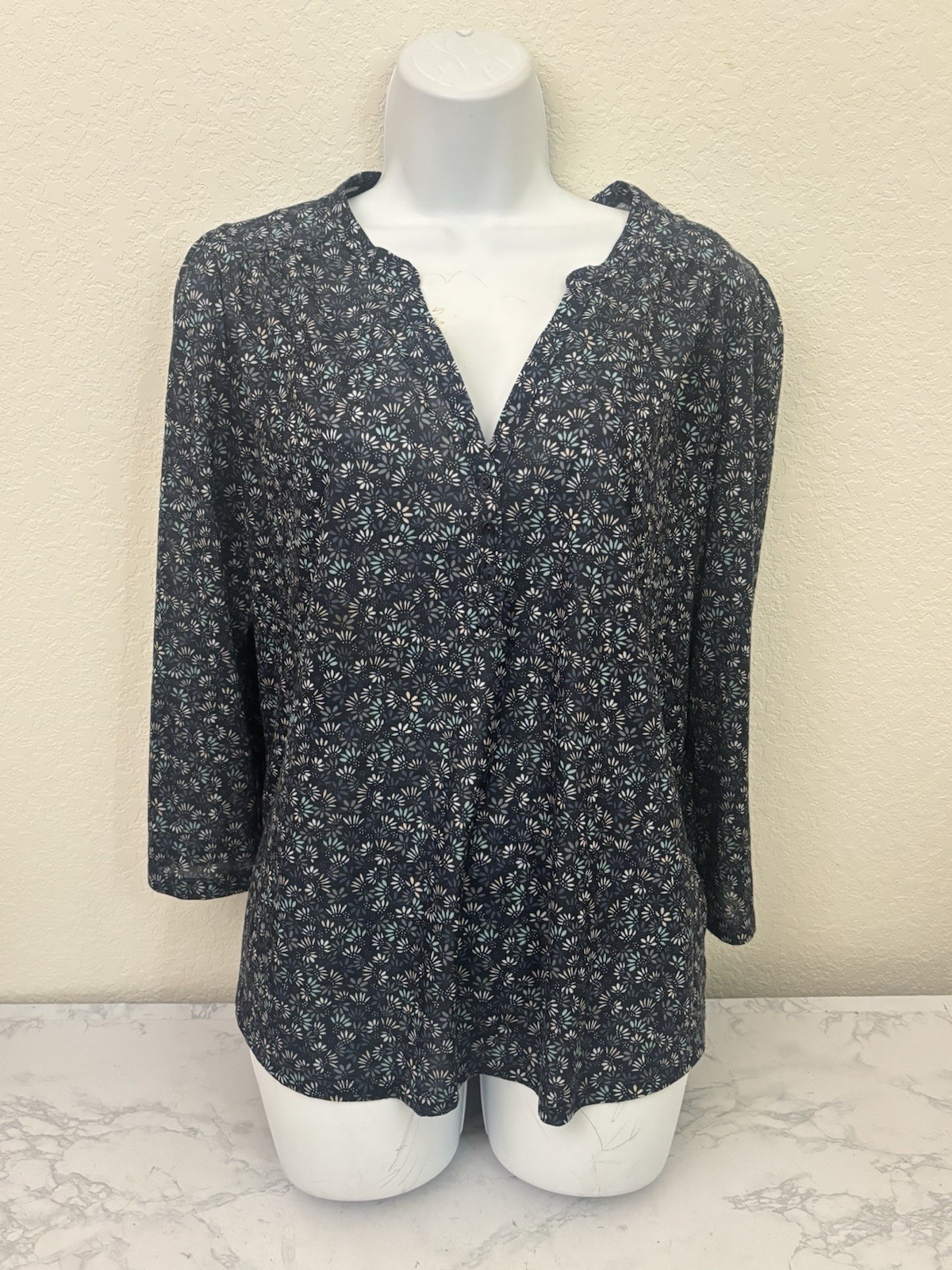 H&M Blouse Womens M Blue Floral Long Sleeve Split Neck Boho Peasant Top