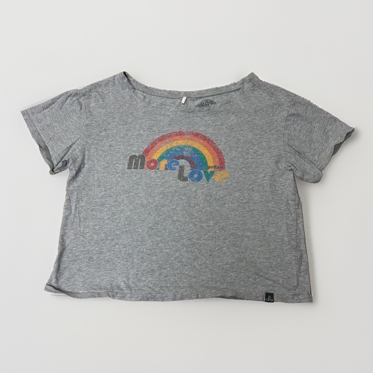 prAna Womens Organic Cotton Graphic Tee More Love Rainbow Grey Crop Top Size S