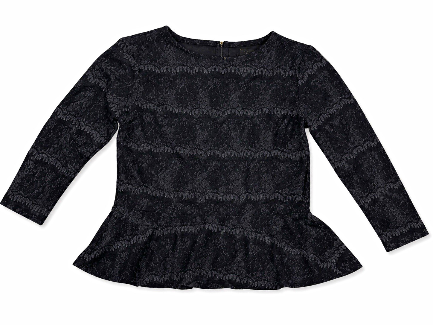 Ann Taylor Women’s Black Lace Peplum Top Size Large 3/4 Sleeve Back Zip