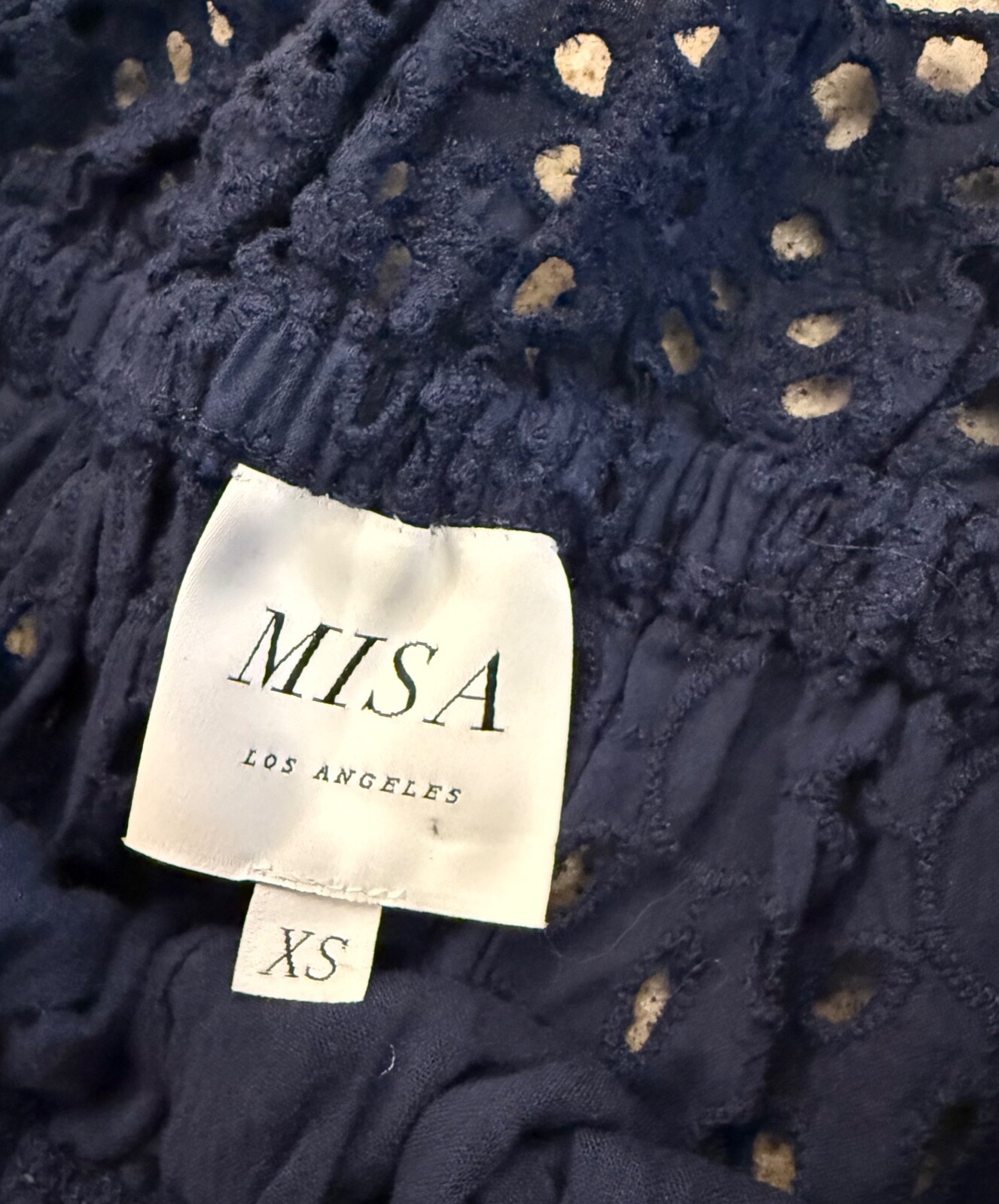 MISA LOS ANGELES Navy Blue Eyelet Off Shoulder Top Long Bell Sleeves Sz XS