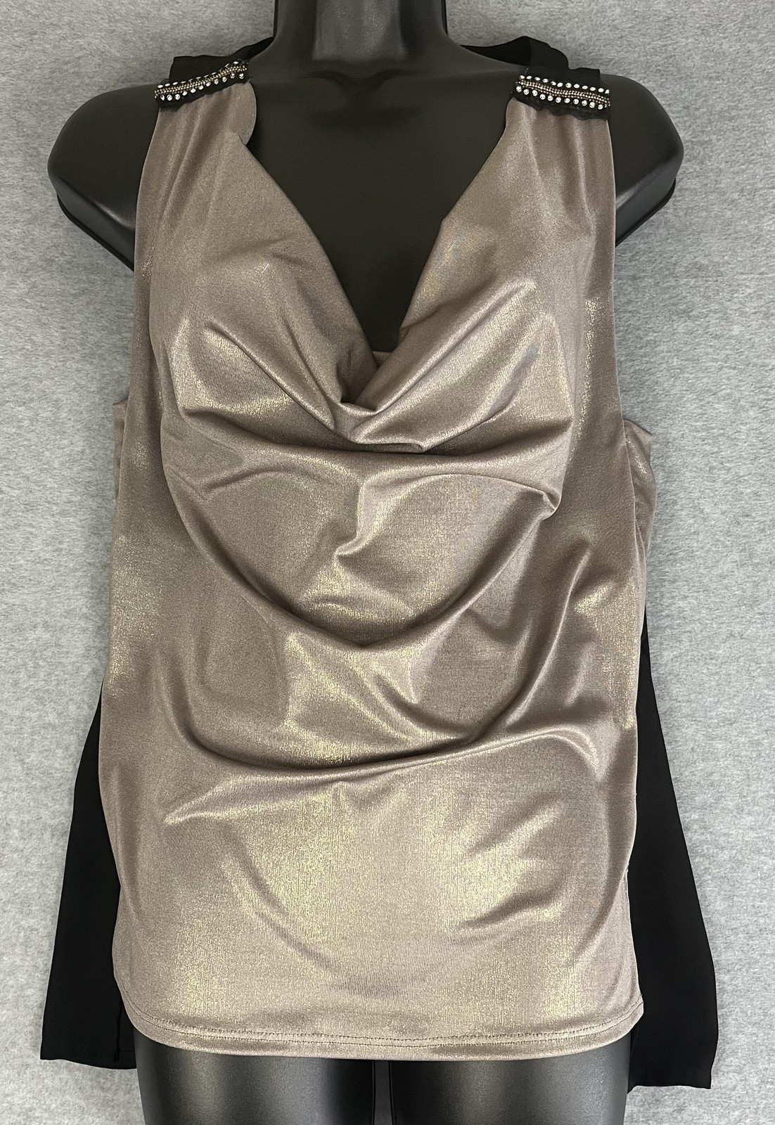 XOXO Tank Top Womens Medium Metallic Gold Black Draped Embellished Sleeveless