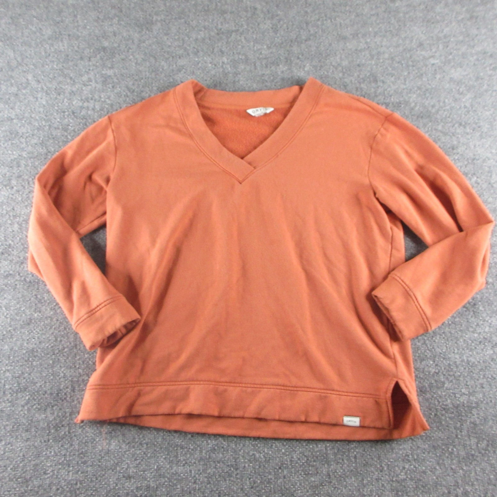 Orvis Sweatshirt Womens M Orange V Neck Long Sleeve Fleece Pullover Stretch
