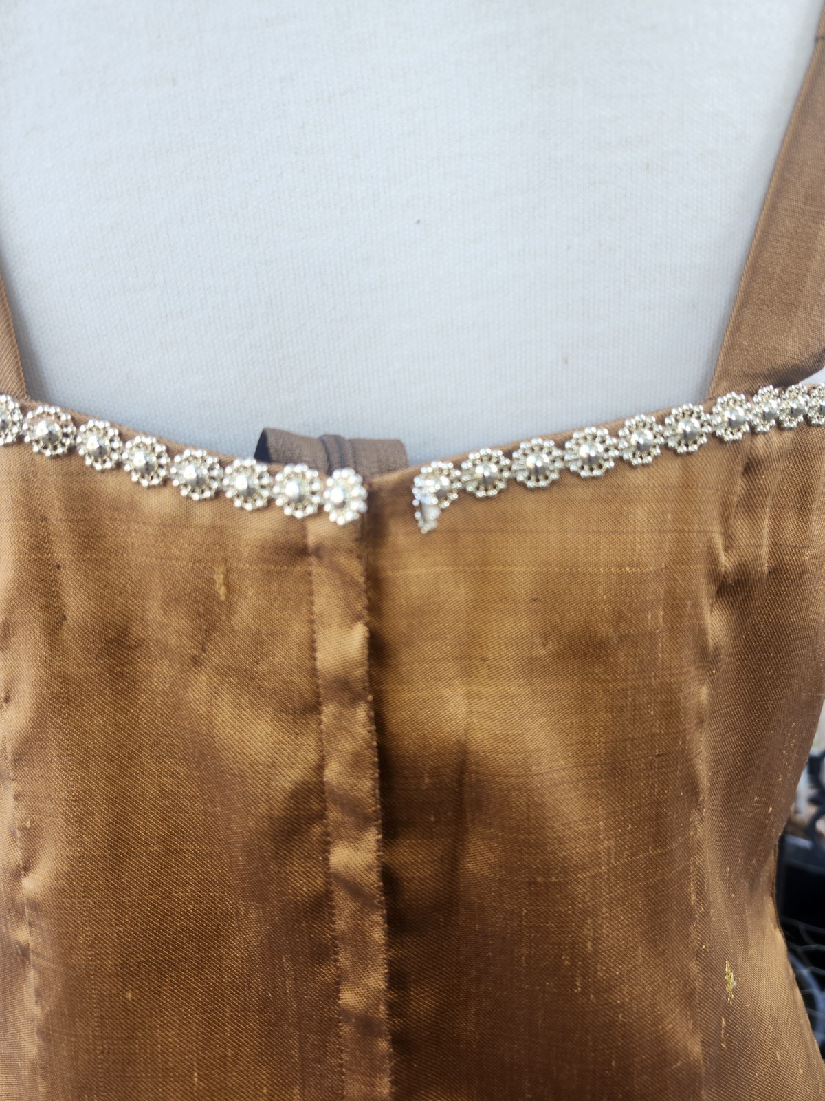 Cambodian/Khmer Silk Blouse Top Brown with Flower Gold Rhinestone Size M