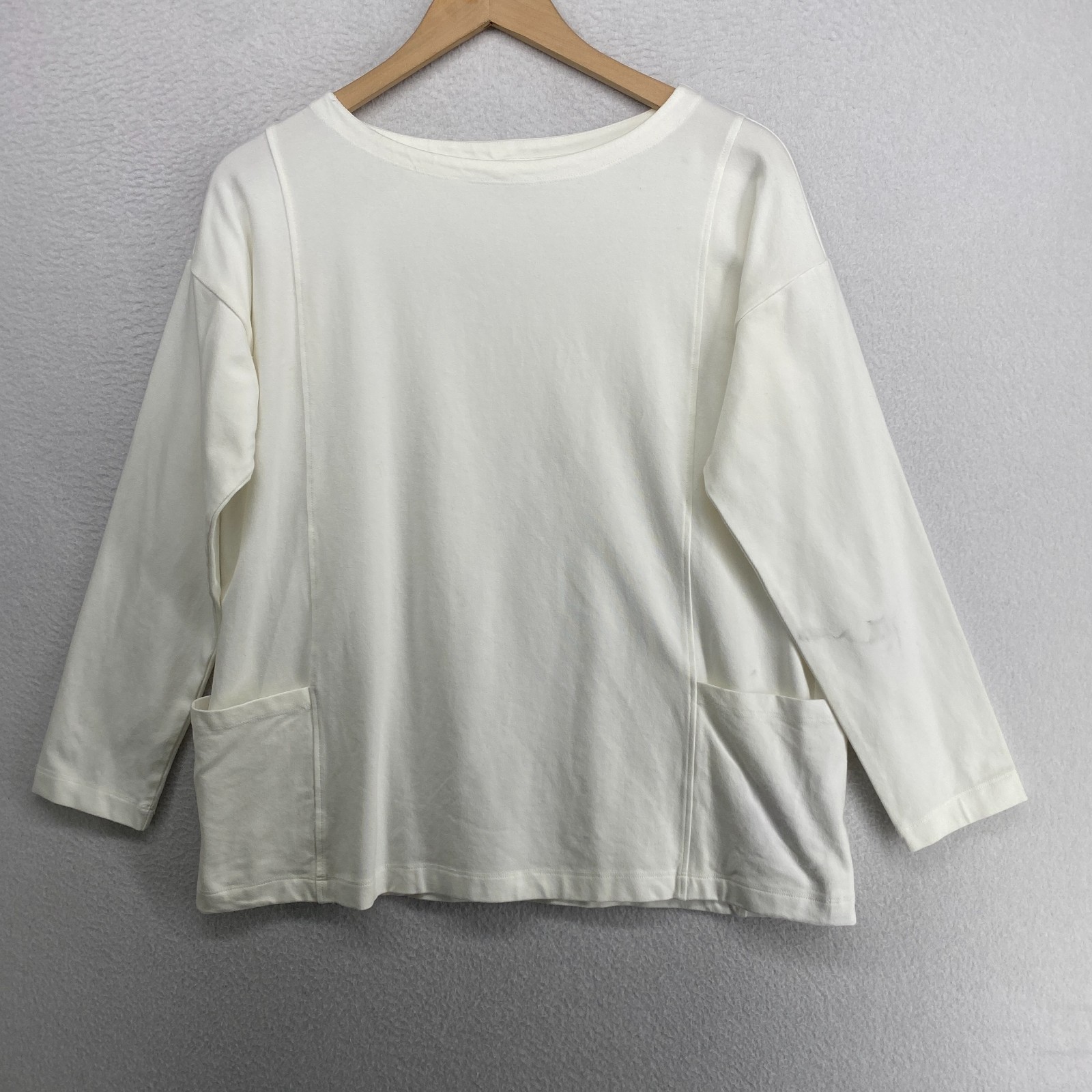 EILEEN FISHER Top S Cotton Stretch Jersey Boat Neck Long Sleeve Off White USA
