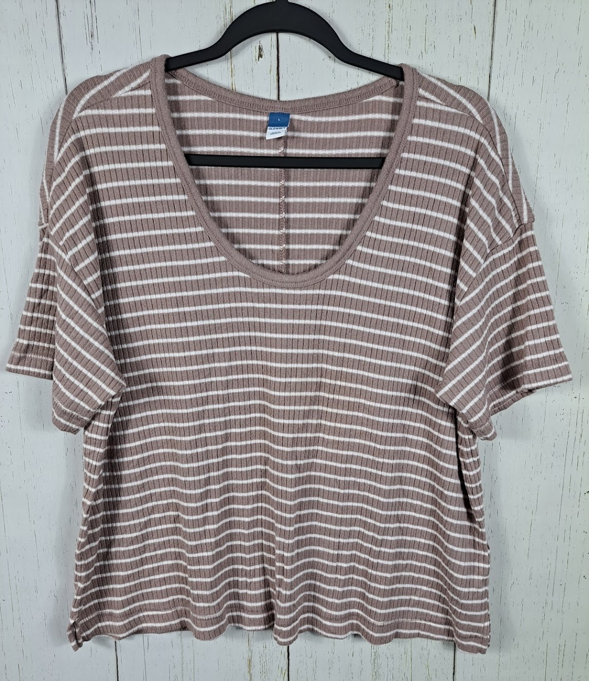 Old Navy Size Large Womens Brown White Striped Ribbed Short Sleeve Top