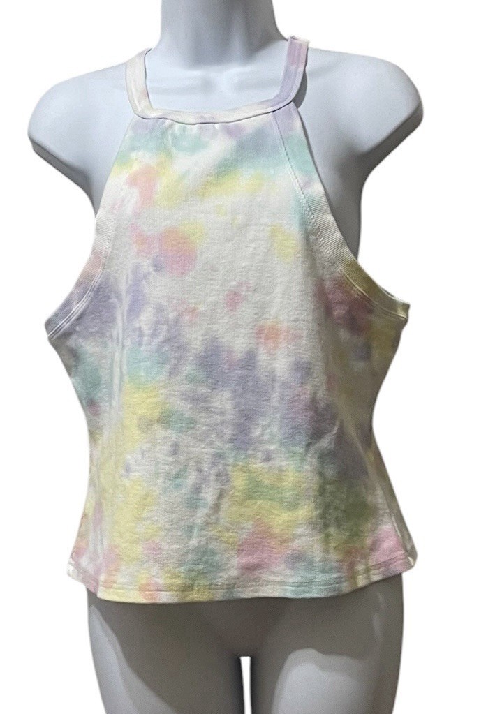 Chelsea & Violet Rainbow Tie-Dye Washed Ribbed Halter White Tank Top sz XXL NWT
