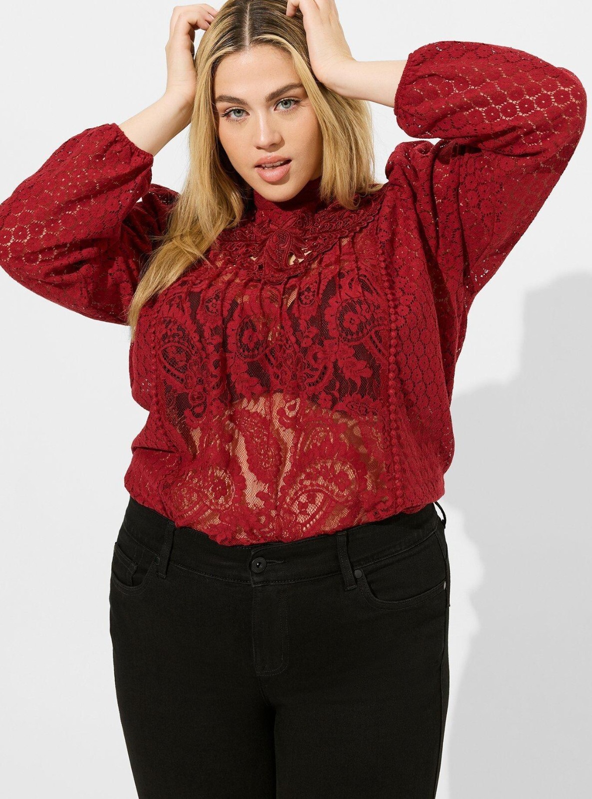 Torrid Plus 3X Lace Top High Neck Keyhole Back Long Sleeve Dark Red NWT