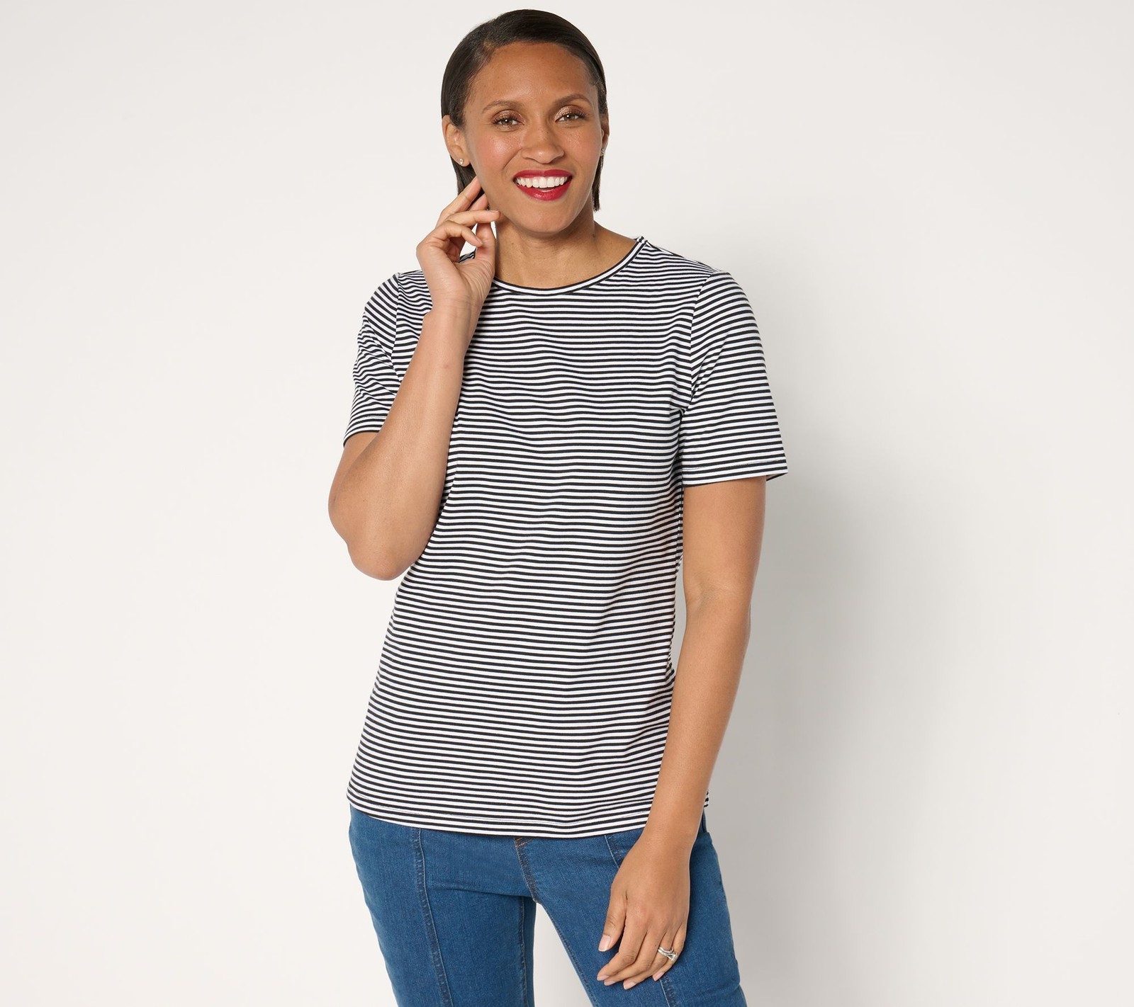 Gloria Vanderbilt Women’s Top Sz M Denim & Co. Essentials Perfect Black A680151