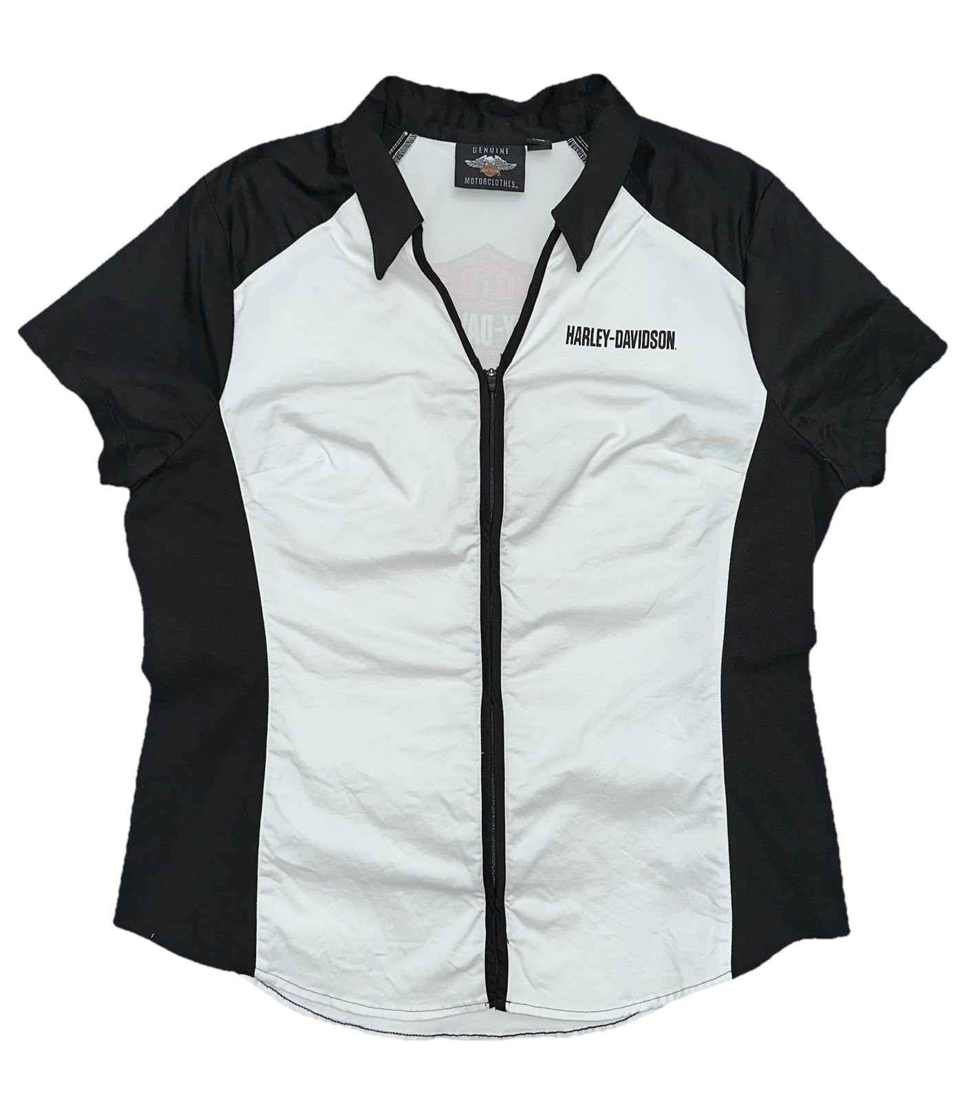 Harley Davidson Logo Women’s Black & White Colorblock Zip Front Shirt Size XL