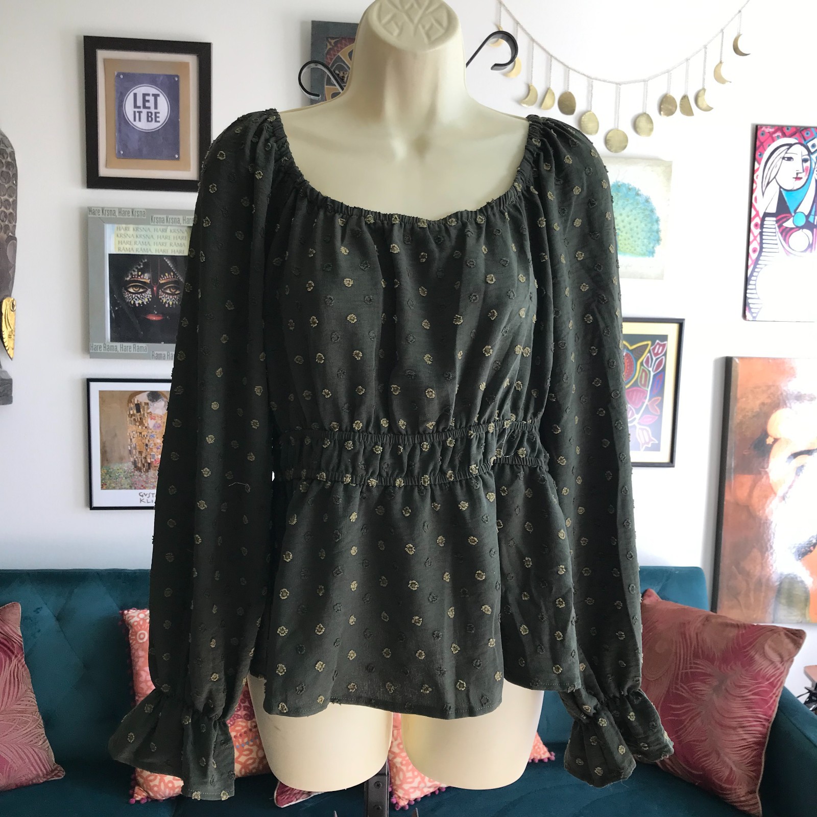 ePretty size L Green Swiss Dot Textured Cinched Waist Blouse Top NWT NEW