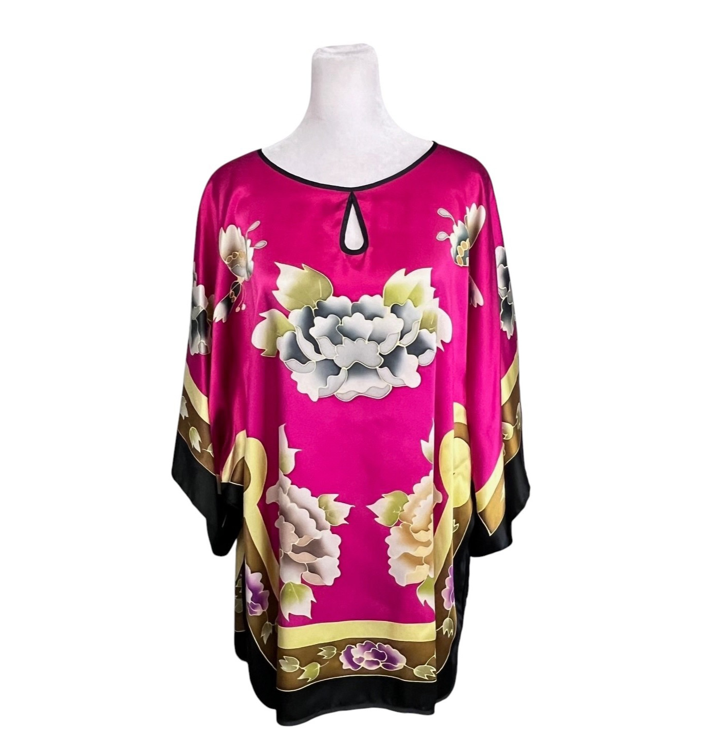 100% Mulberry Silk Pink Peony Floral Kaftan Blouse One Size Fits Most