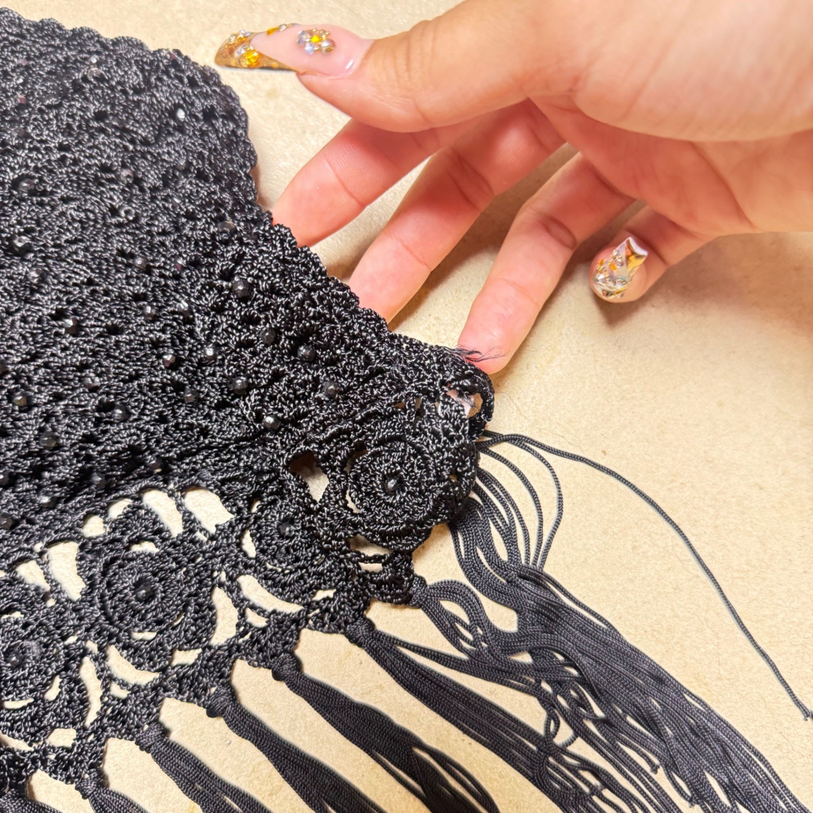 Black Beaded Crochet Halter Top