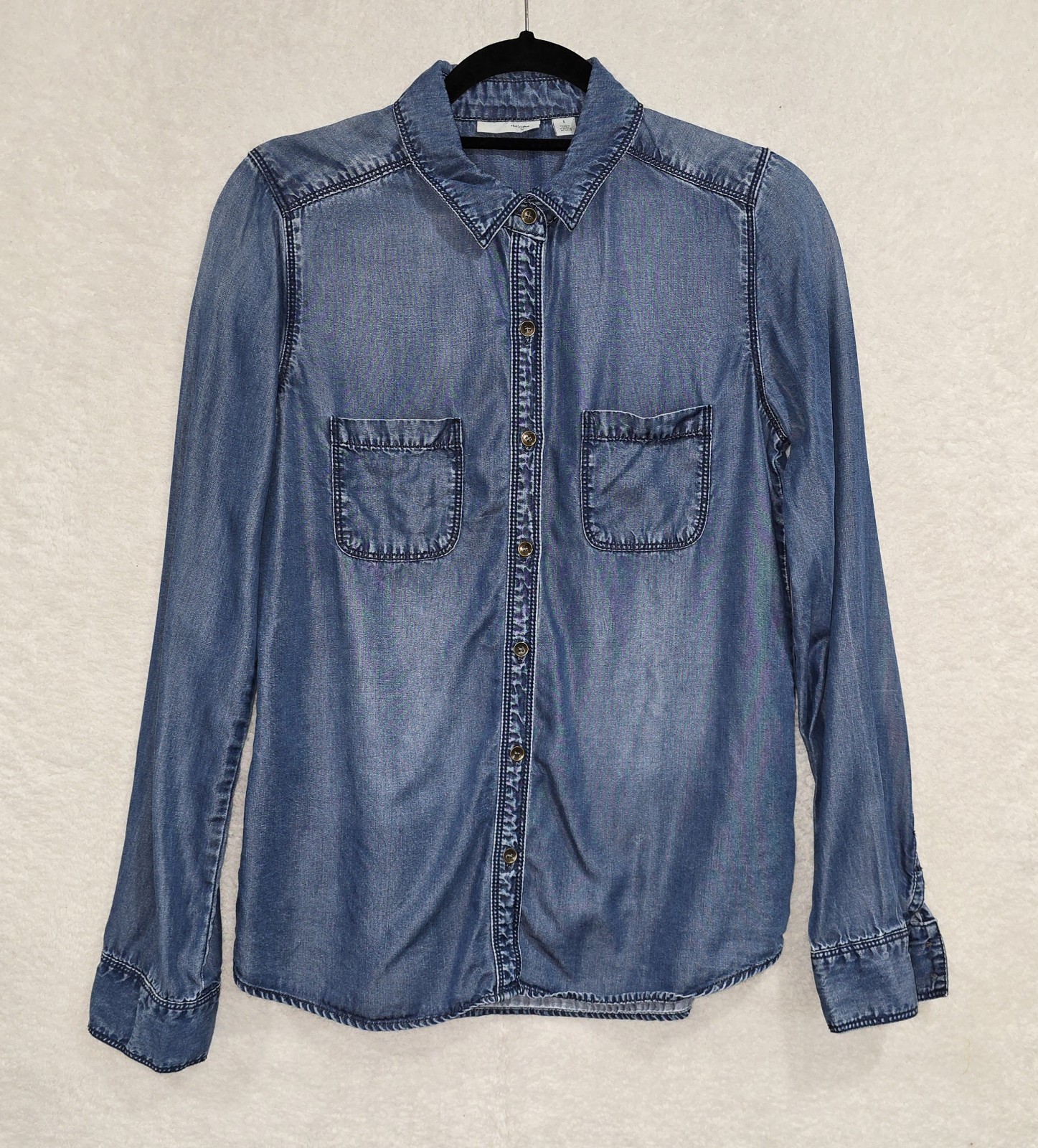 HALOGEN Chambray Button Up Shirt Women Sz S Blue Long Sleeve 100% Lyocell Tencel