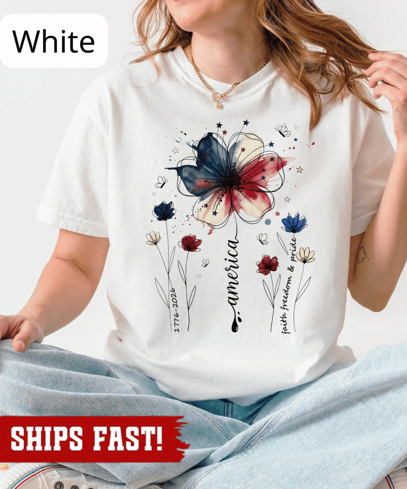 USA 250th Anniversary Floral Shirt, America 250 Years Freedom 4th of July Tee Wo
