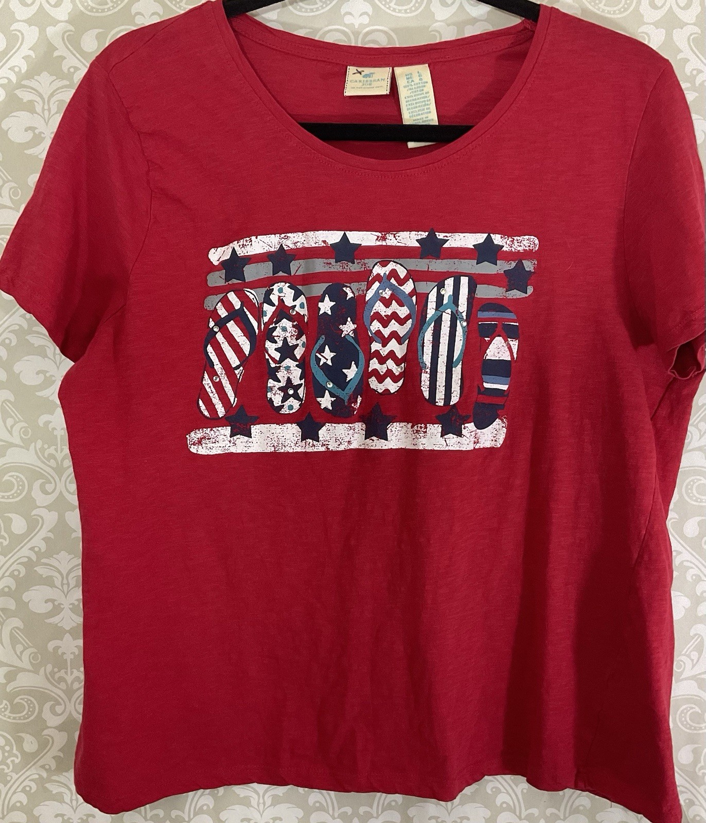 CARIBBEAN JOE Women’s T-Shirt Large Red Embellished Flip Flop S/S Patriotic