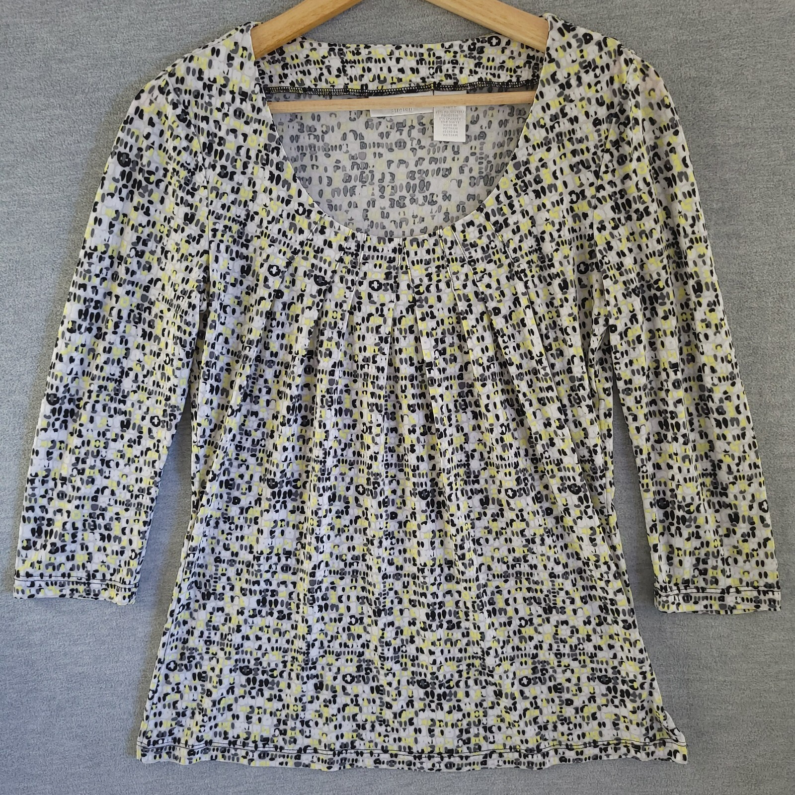 Worthington Top Womens Small White Yellow Black Pattern Pleated Stretch Blouse S