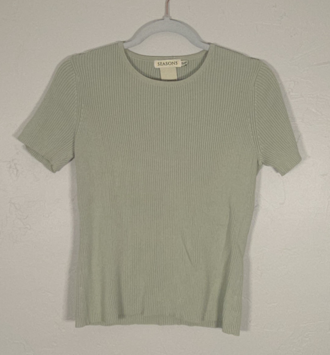 Women Seasons Ribbed 100% Cotton Short Sleeve Shirt Green 90s Basic Classic S/P