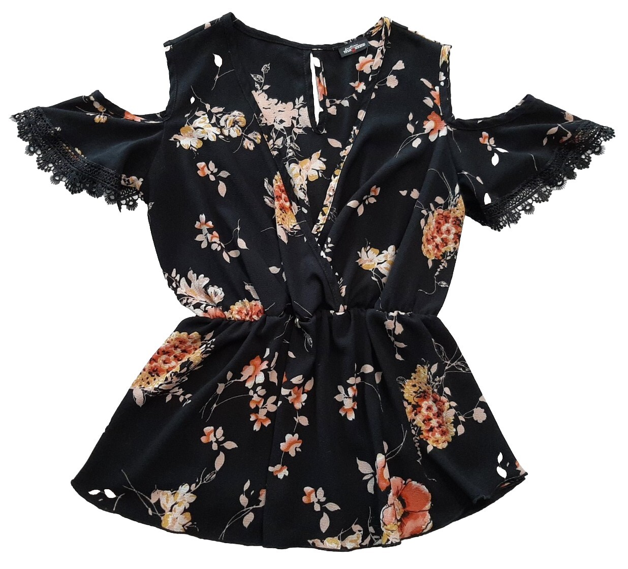 Fashion Magazine M/L Floral Cold Shoulder Blouse V-neck Lace Trim Elastic Waist