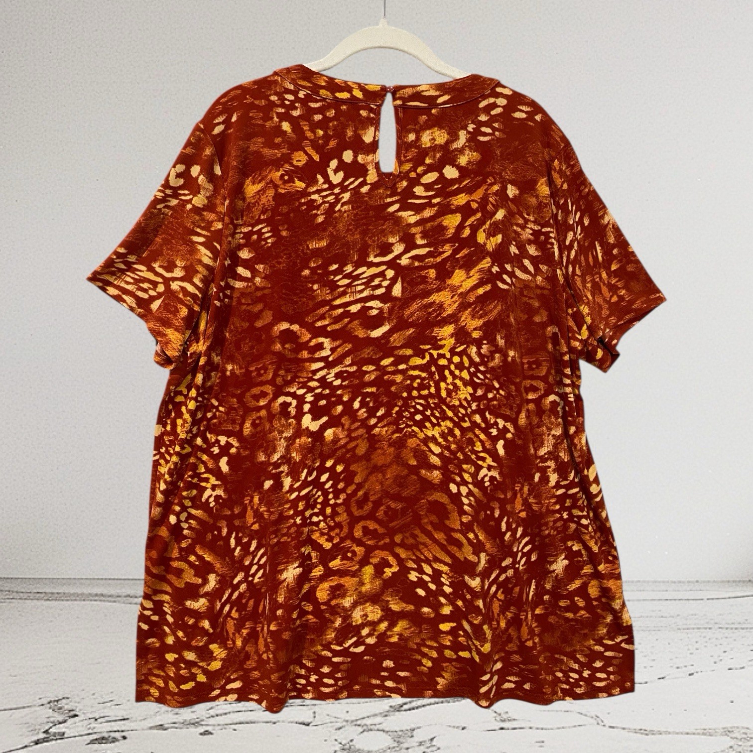 Womens Multi Print Cut Out Neck Top XL Jersey Stretch Artsy Boho Summer Chic