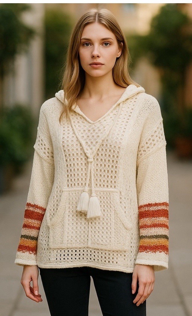 Juniper Blu Ivory Crochet Knit Hooded Hoodie Top Medium Bell Sleeve