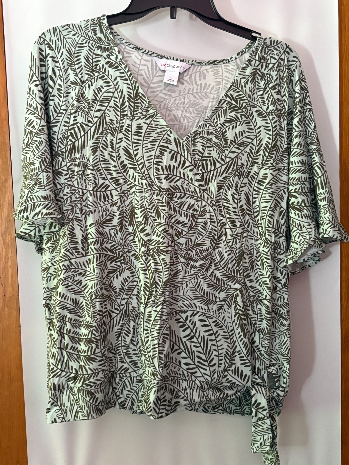 Liz Claiborne Shirt Womens Sz L Sea Green Leaf Short Sleeve NWT
