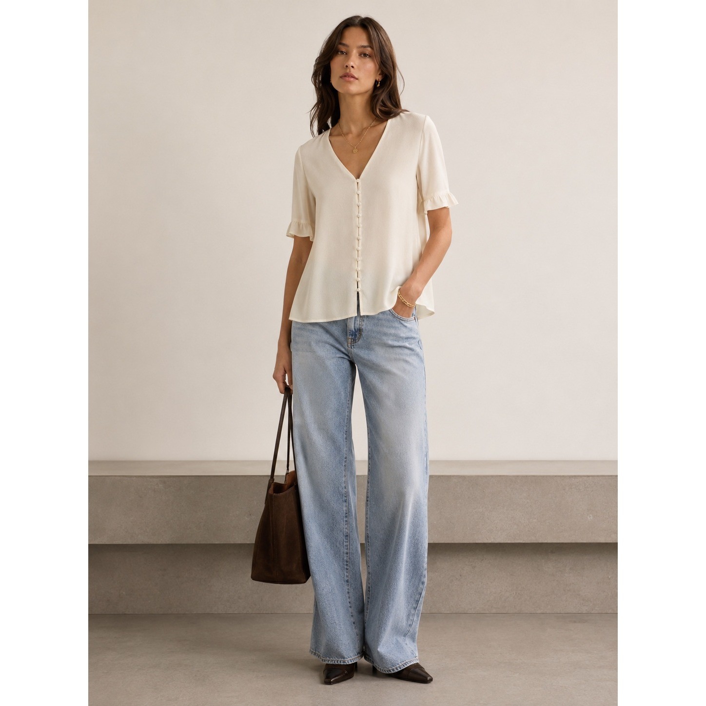 CeCe Women Ivory Ruffle Sleeve V-Neck Button Front Blouse Cream capsule basic PS