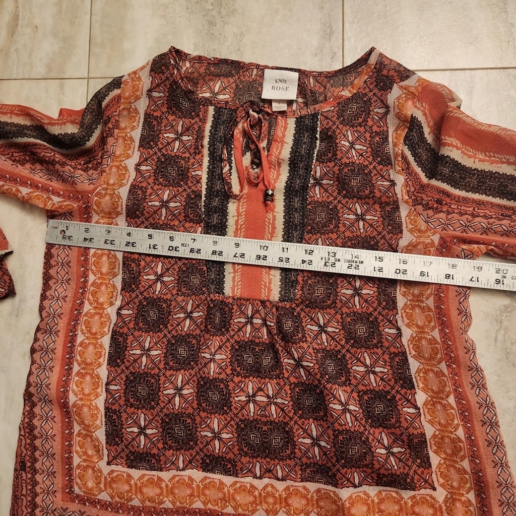 Knox Rose Ethnic Patterned Tunic in Coral Browns Gray Sz: S Oversized Flowy Boho
