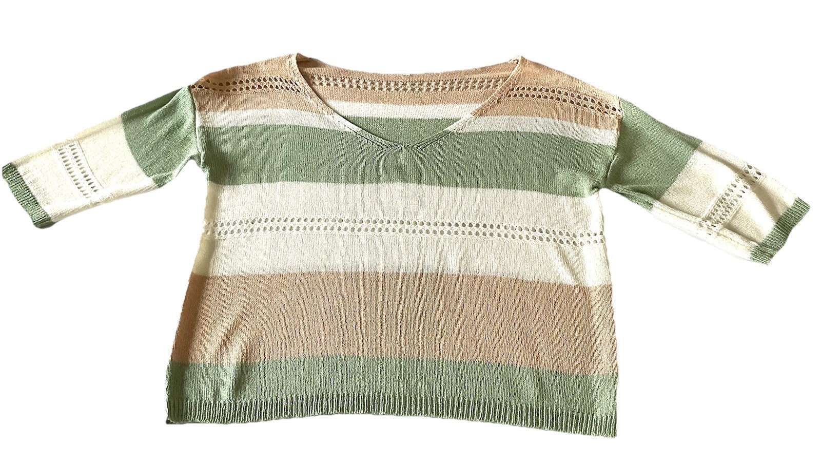 Women’s Oversized Open Knit Short Sleeve Sweater Top Green Beige Striped Size M