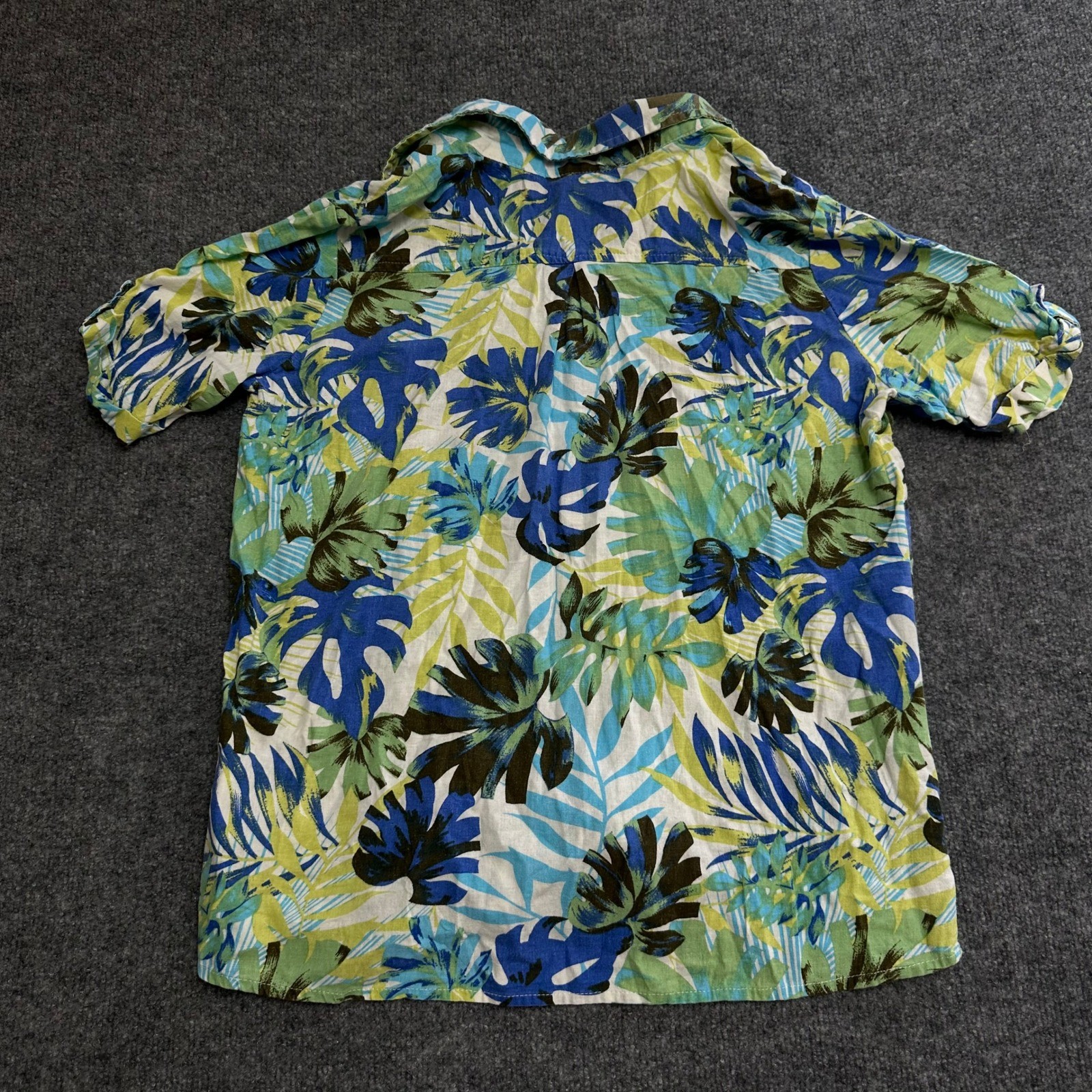 White Stag Button Down Womens Size L Linen Blend Blue Green Tropical Leaf Print
