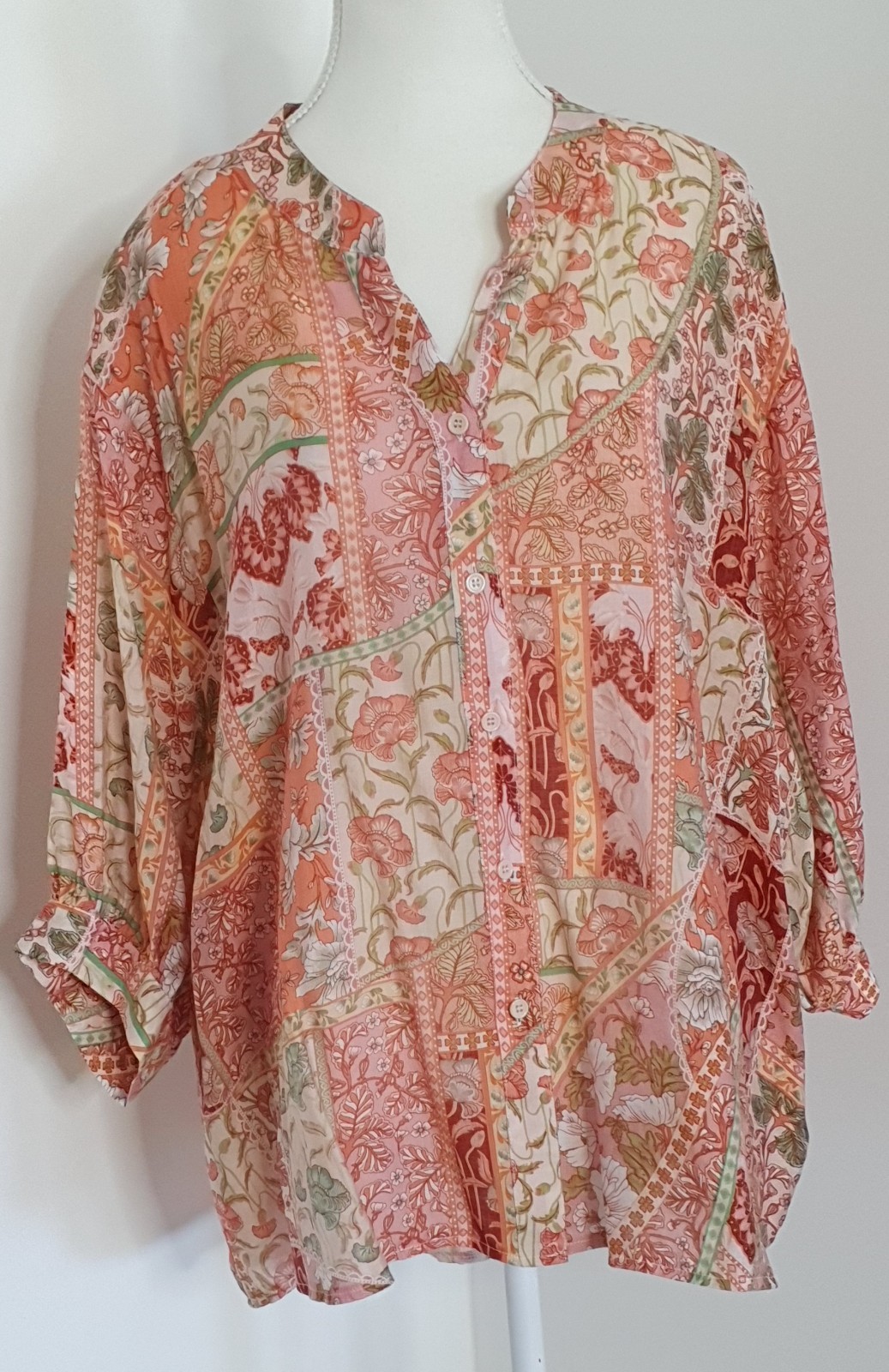 Caroline Morgan Sz 14-16 Boho Floral Patchwork Blouse 3/4 Slv Hi-Lo Hem BNWT