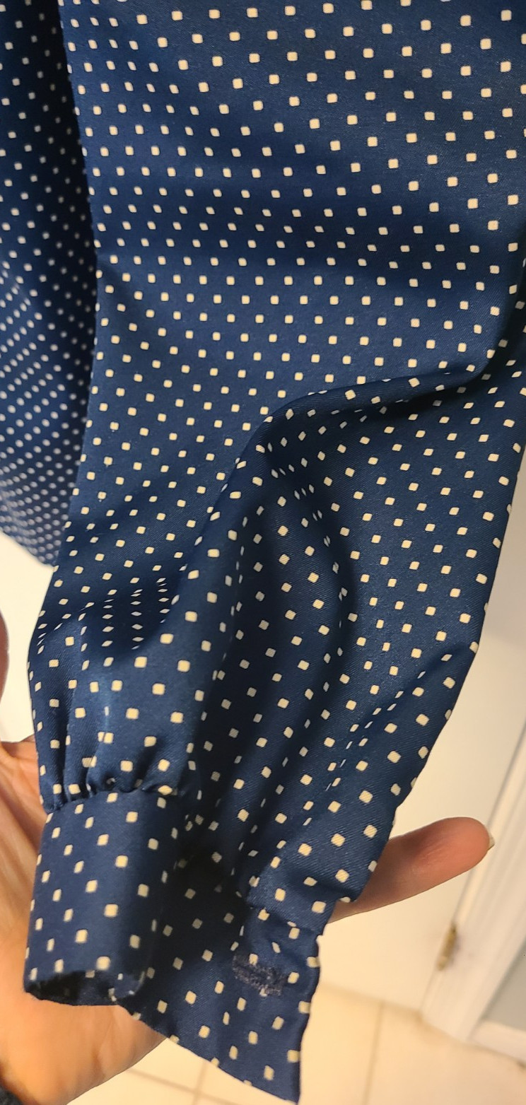 Vtg Pins & Needles Blue Polka Dot Ruffle Stand Up Collar Top USA Large Career