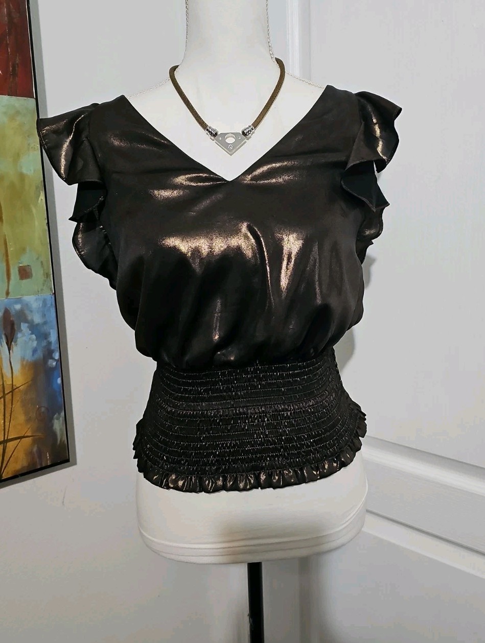 Nine West Sleeveless Ruffle Smocked Hem Top Women Size XS Metallic Satin