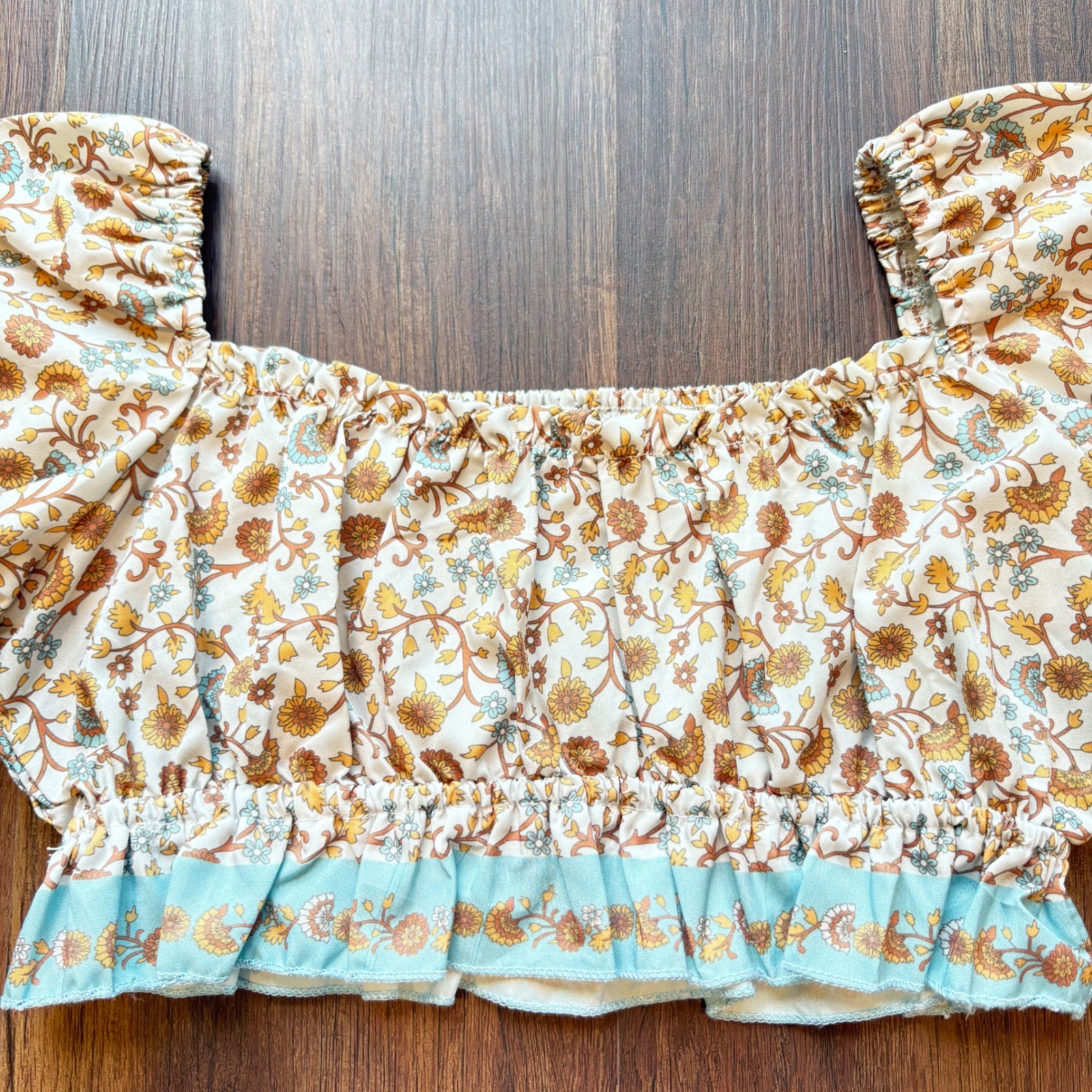 Boho Floral Smocked Crop Top Puff Sleeve Square Neck Ruffle Hem Blue Yellow