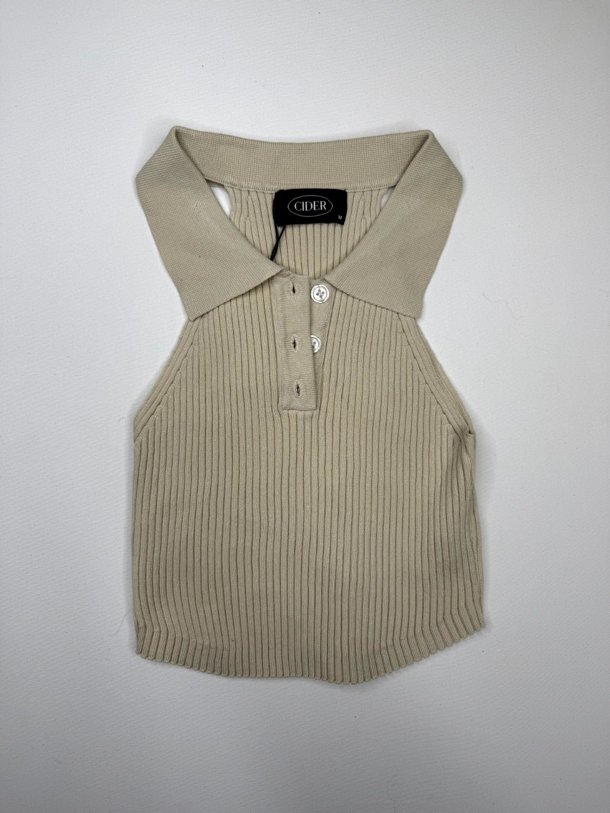 Cider Polo Collar Tank Top Womens Medium Beige Viscose Ribbed Knitted Cropped