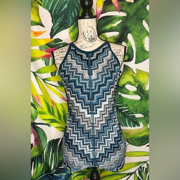 White House Black Market S Extra Slim Dark Teal Blue Grey Geometric Tunic Tank