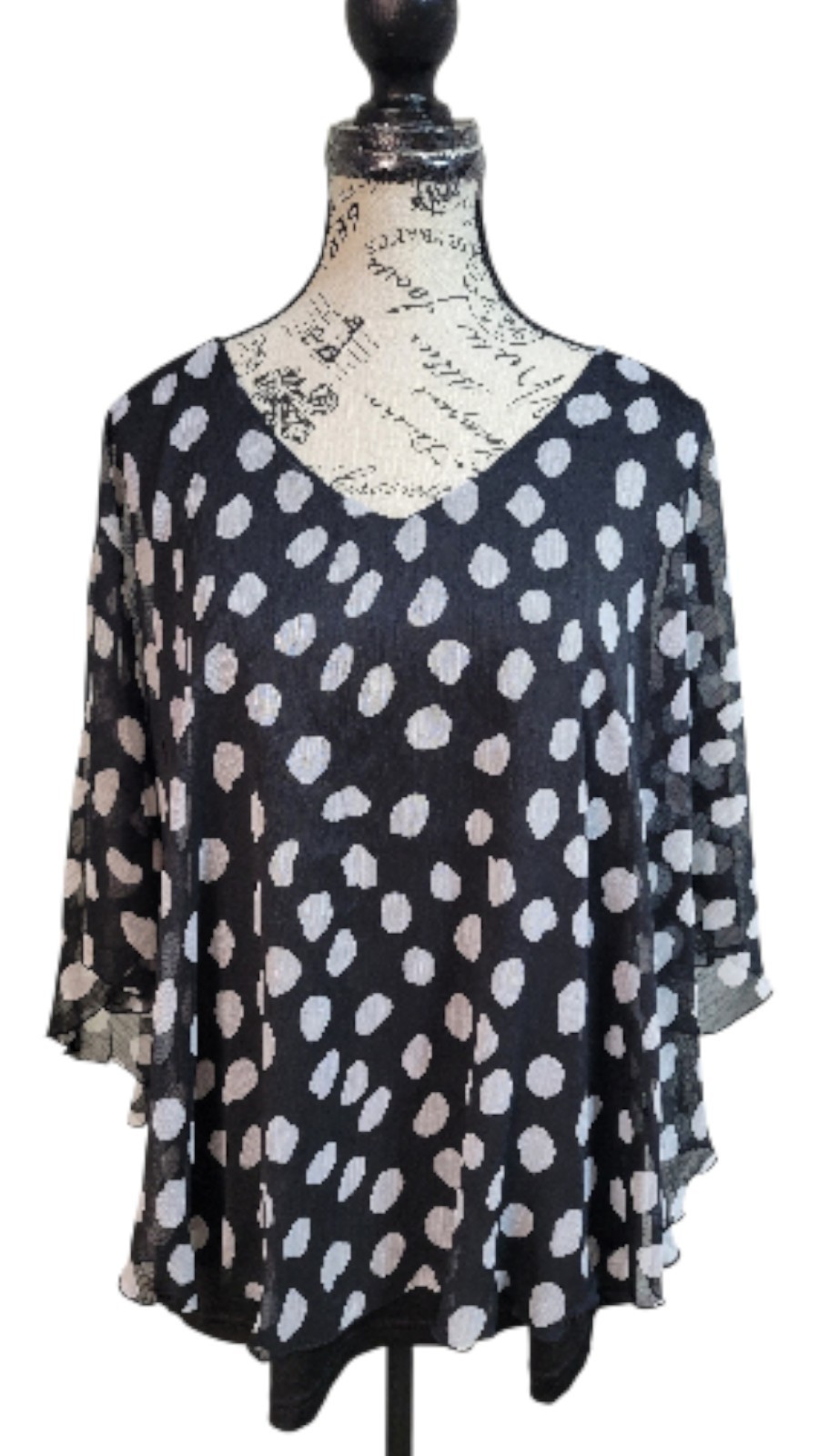 Women’s Zac & Rachel Black White Polka Dot Bat Wing Top Size L Flowy