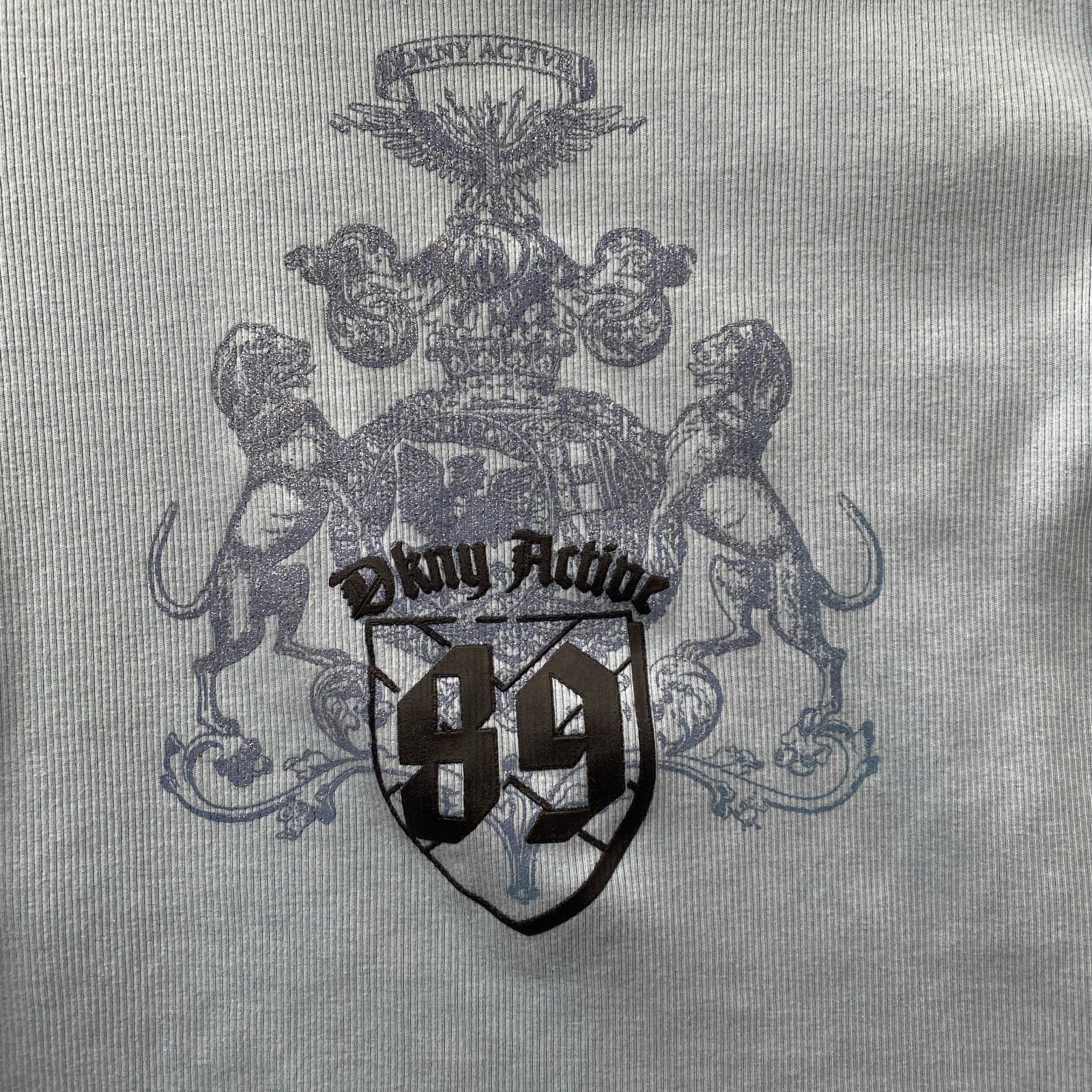 Vtg 00s Y2K DKNY Active Lettuce Hem Baby Tee XL Blue Crest Graphic Rib Knit