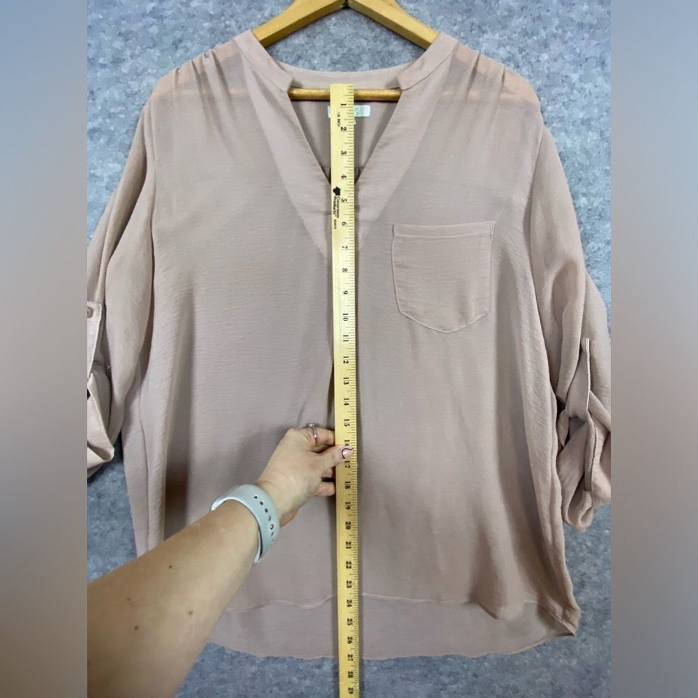 Jade Melody Tam Blouse Size L Taupe Semi Sheer Roll Tab Sleeves V-neck Neutral