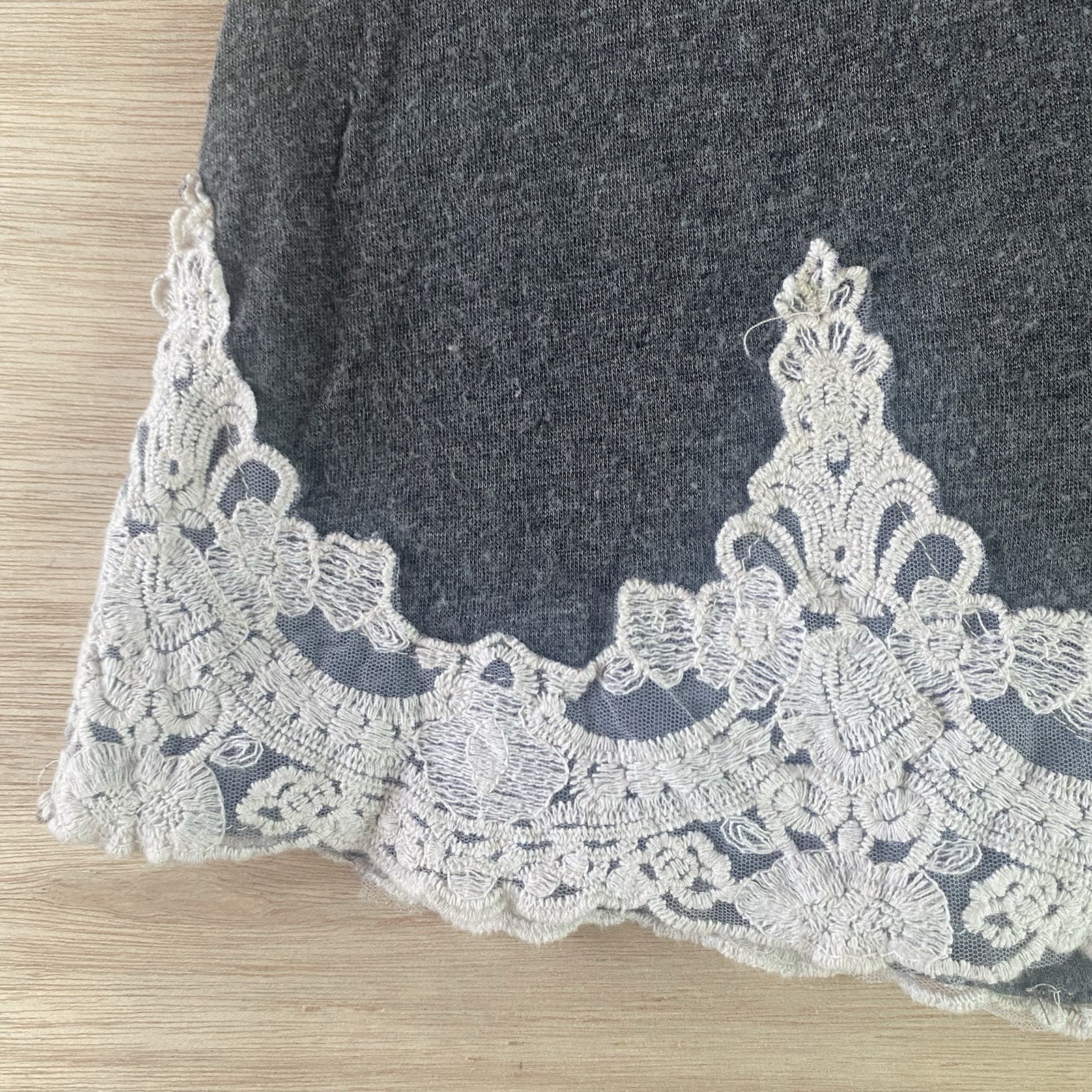 Xhilaration Women’s Charcoal Gray Tunic Top with Off White Lace Trim Size Small