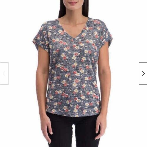 Bobeau Women’s Printed French Terry V-Neck Tee, (Navy Floral, Medium) NWT