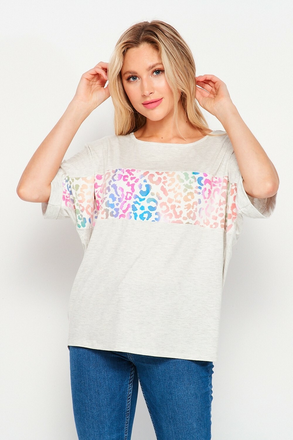 HoneyMe Womens Animal Print Rolled Short Sleeve Top