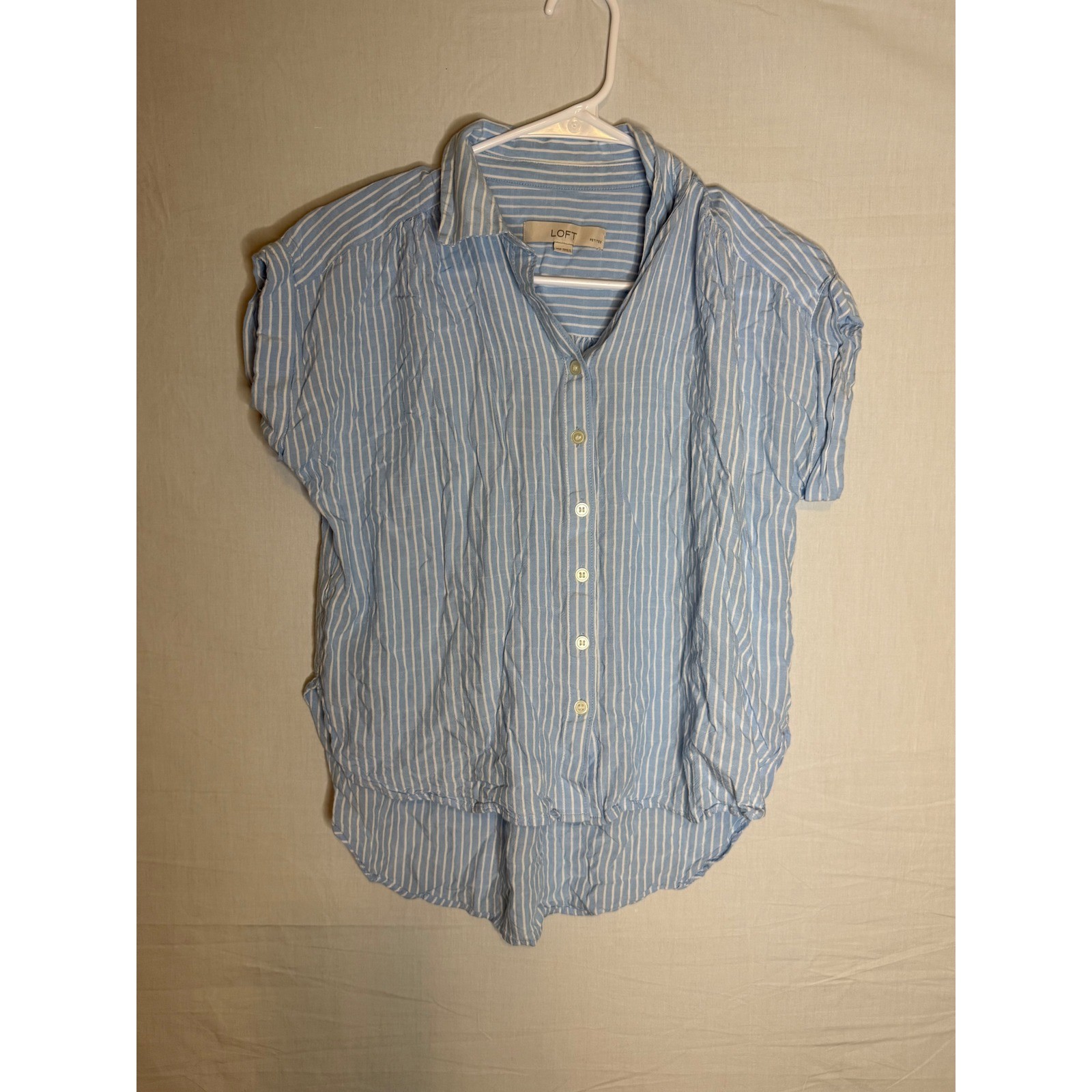 Loft Petites Blue White Striped Rayon Button Down Shirt XSP Short Sleeve Top